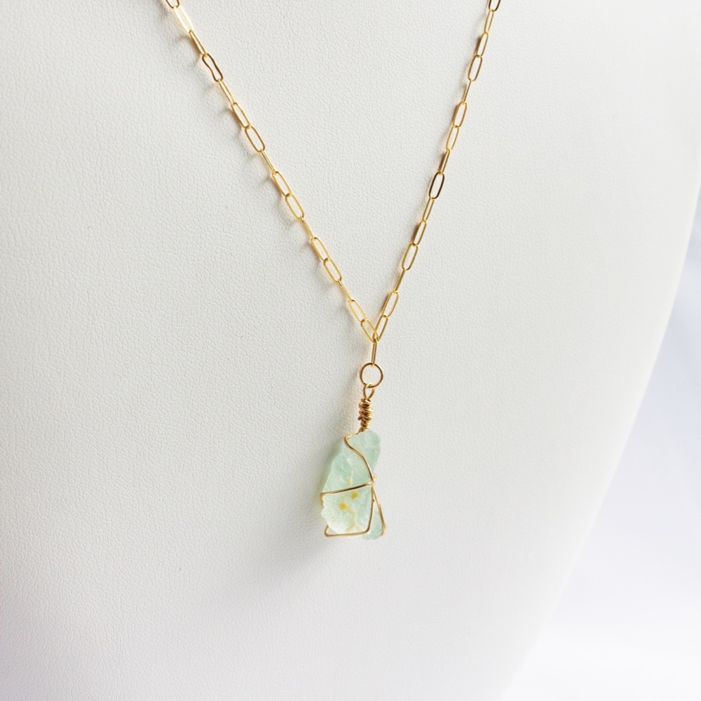 Adjustable Gold Fill Raw Aquamarine Wire Wrapped Stone Pendant Necklace